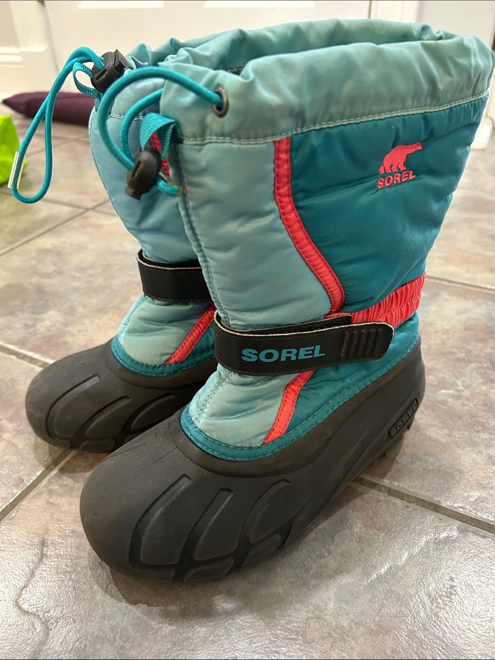 Sorel Teal & Coral Kids' Waterproof Winter Boots